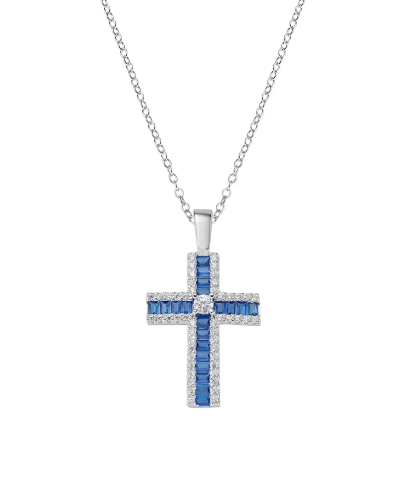 Collana Amen con Croce di Zirconi Blu Baguette e Bianchi
