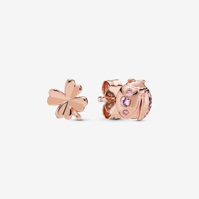 Orecchini Pandora coccinella con pietre e quadrifoglio placcati oro rosa 14 kt