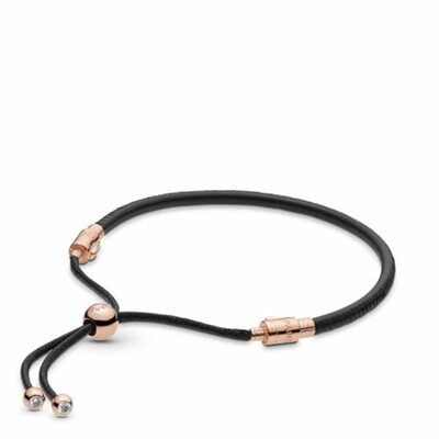 Bracciale Pandora rosè in pelle nera