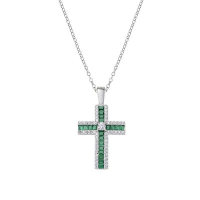 Collana Amen con Croce di Zirconi Verdi Baguette e Bianchi