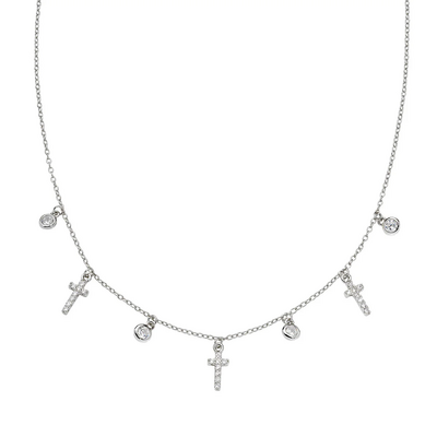 Collana Amen Multicharm Croci e Zirconi Bianchi