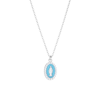 Collana Amen rodiata mini Medaglia Miracolosa smaltata Turchese