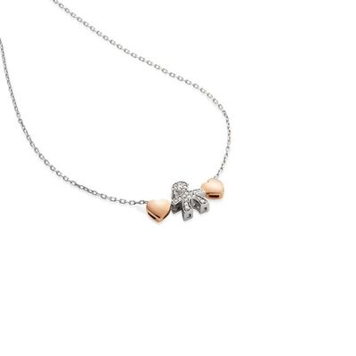Collana Le Bebè con sagoma bimba in oro bianco e cuori in oro rosa, con diamanti