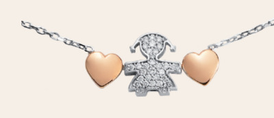 Collana Le Bebè con sagoma bimba in oro bianco e cuori in oro rosa, con diamanti