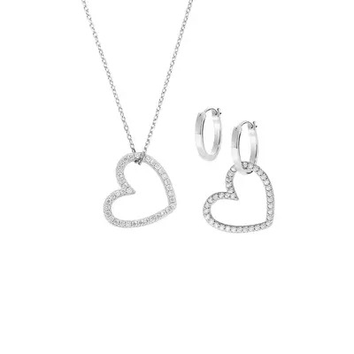 Set Amen Collana e Orecchini Due Cuori con Zirconi in Ottone