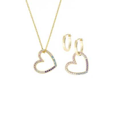 Set Amen  Dorato Collana e Orecchini Due Cuori in Ottone con Zirconi Rainbow