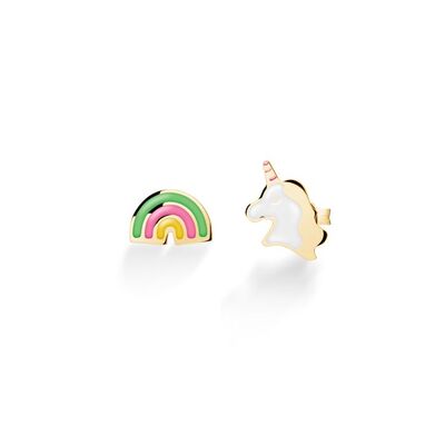 Orecchini Le Bebè Toys con unicorno e arcobaleno in oro giallo