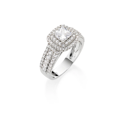 Anello Amen con Zircone Taglio Smeraldo e Doppio Halo