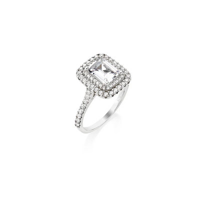 Anello Amen con Zircone Taglio Smeraldo e Doppio Halo