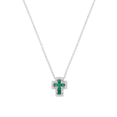 Collana Amen mini Doppia Croce con Zirconi Bianchi e Verde